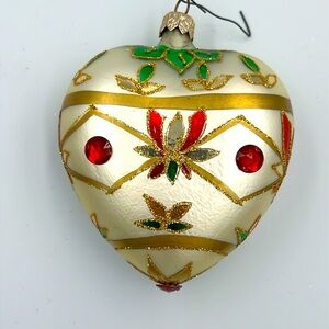 Vintage Hand Painted Glass Heart Ornament | German Style Jeweled Christmas Decor